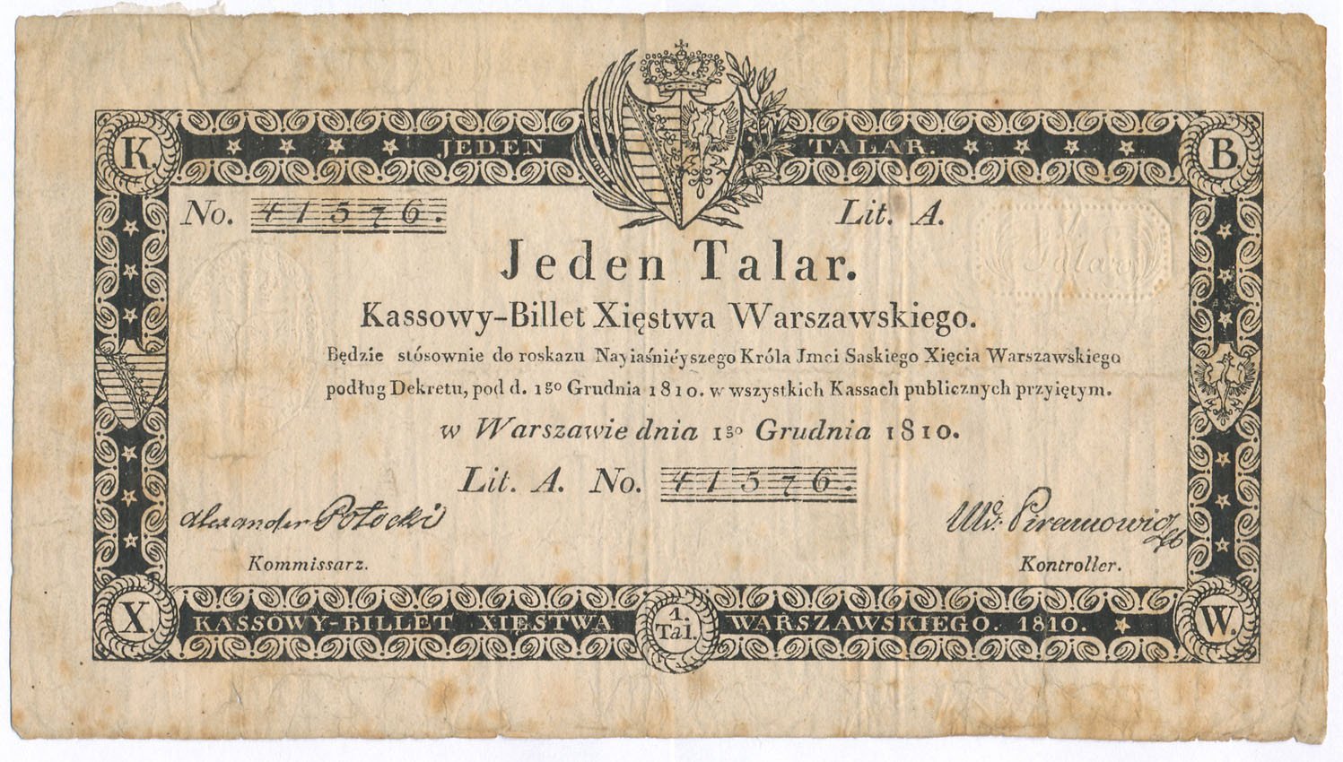 Banknot. Księstwo Warszawskie, 1 talar 1810 seria A, Potocki/Piramowicz